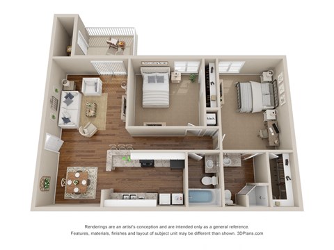Floor plan for 2 beds, 2 baths, 1000 sqft